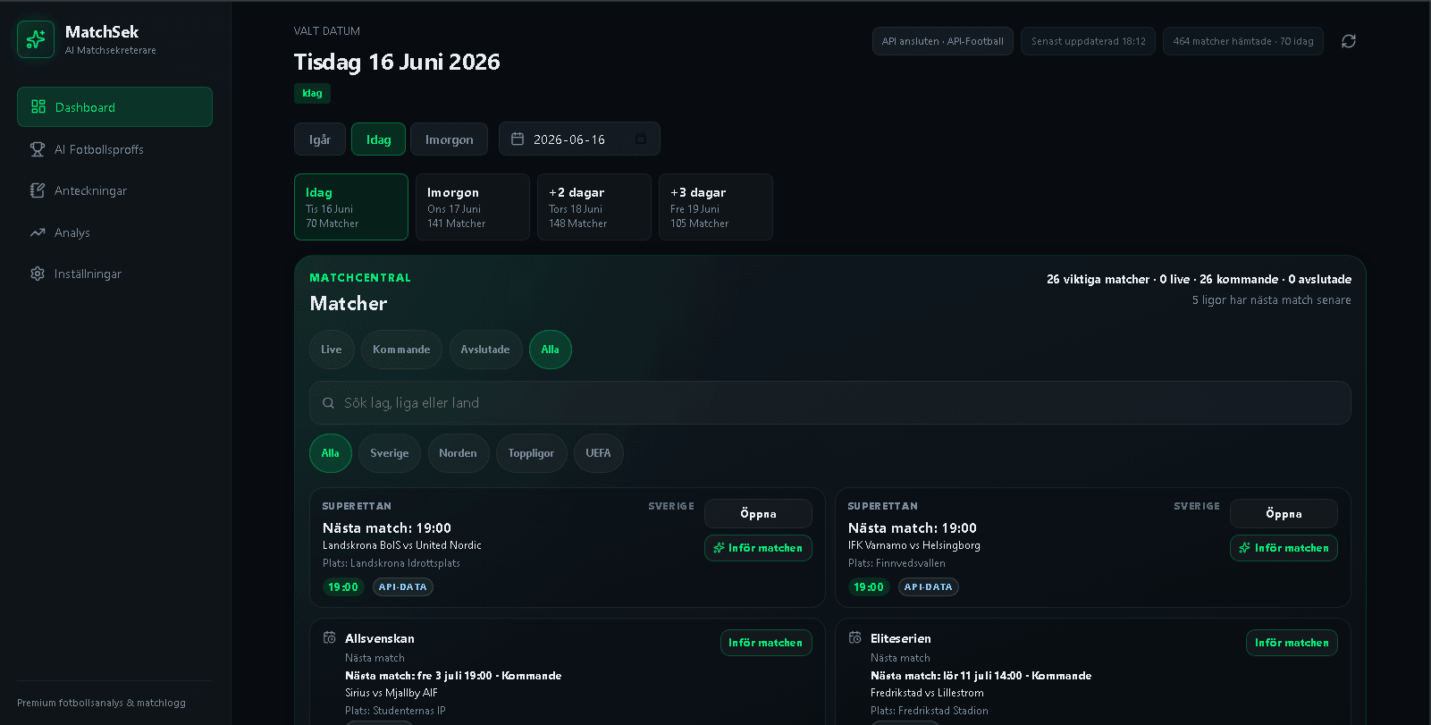 AI Football Pro – dashboard med matcher och ligor